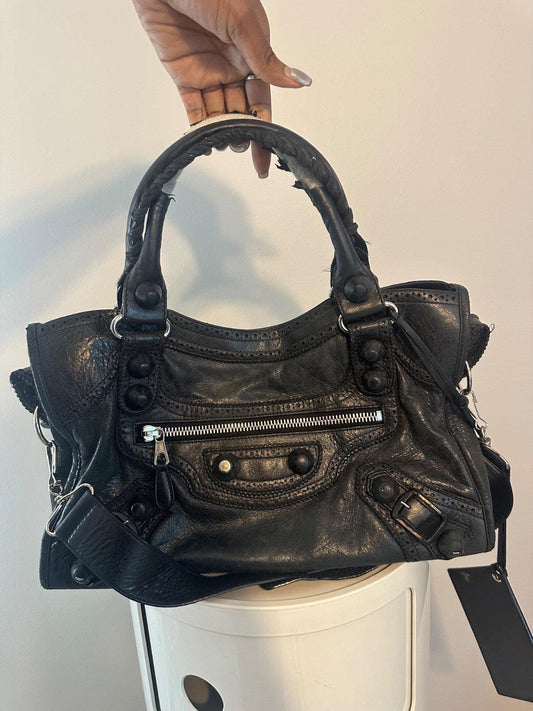 BALENCIAGA Black Lambskin Leather Giant Brogues Motorcycle City Bag